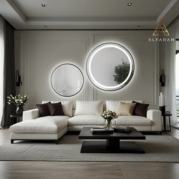 zestaw okrągłych luster piaskowanych w ramie z podświetleniem